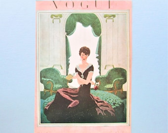 Vogue Magazine Cover Art Print/ Woman reading in drawing room by Peter Brissaud, fashion illustration Book Plate for framing/ 8 1/2 X 11 3/4