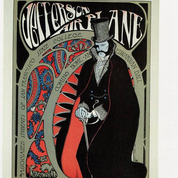 Jefferson Airplane Fillmore Auditorium Concert Poster/ Edwardian Ball, Rock Music Poster, Art Print from 1966 for framing/ 10" X 12 1/4"