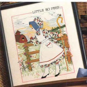 Patrón de punto de cruz de canción infantil Bo Peep/Gráfico de punto de cruz contado de niña con gorro y delantal