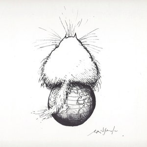 Gato de dibujos animados en el mundo Impresión de arte por Ronald Searle/ Ilustración divertida amante de los gatos, decoración de arte de pared de humor para enmarcar/ 8 X 11"