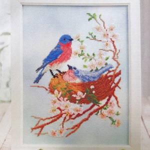 Bluebirds in nest Cross Stitch Sampler Pattern/ Birds in Cherry Blossoms counted cross stitch chart, picture