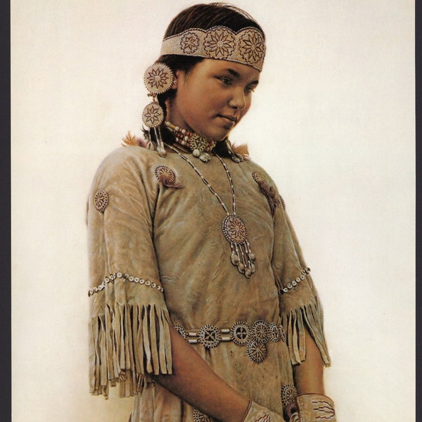 Little Fawn, Cree Indian Girl Art Print/ Plains Native American girl in Deerskin dress Book Plate print to frame by James Bama/ 8 7/8" X 12"