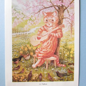 Cat Muzikant, Guitar Art Print door Louis Wain / Orpheus, Funny Cartoon Cat mensen, minnaar, humor Wall Art Decor om in te lijsten / 7 "X 9"