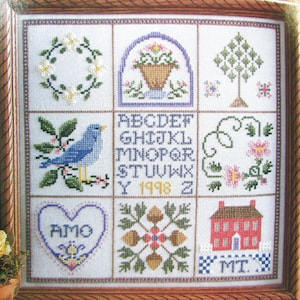Flower & Blue Bird Cross Stitch Sampler Pattern/ English Summer counted cross stitch chart picture with acorns and alphabet