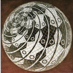 MC Escher Sphere Surface with Fishes Art Print/ Modern Relativity, Optical Illusion Drawing, book plate, wall decor to frame/ 10" W X 12" H