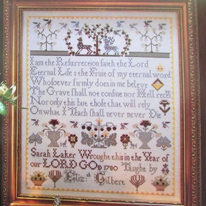 Quaker Flora & Fauna Cross Stitch Sampler Patroon / 1700's Antieke reproductie "Ik ben de opstanding ..." getelde kruissteek grafiek