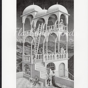 MC Escher Belvedere Art Print/ Modern Relativity, Optical Illusion, book plate, wall decor to frame/ 9 5/8&quot; W X 12 1/8&quot;