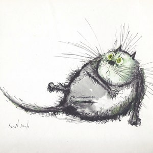 Cartoon Akrobatischer Katzen Kunstdruck von Ronald Searle/ "old for the game" Lustige Katze Liebhaber Illustration, Humor, WandKunst Dekor zum Rahmen/ 19 x 100"
