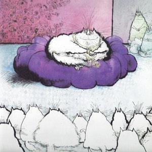 Cartoon King Cat Art Print von Ronald Searle / Lustige Katze Liebhaber Illustration, Humor, WandKunst Dekor für Rahmung/ 8 x 11"