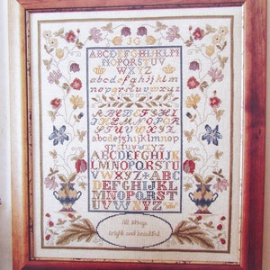 Antique Flowers & Alphabet Cross Stitch Sampler Pattern/ 1800&#39;s Antique reproduction, English counted cross stitch chart picture