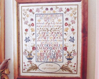 Antique Flowers & Alphabet Cross Stitch Sampler Pattern/ 1800's Antique reproduction, English counted cross stitch chart picture