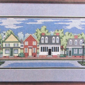 Colonial Homes Street Cross Stitch Sampler Pattern/ Early American Saltbox houses counted cross stitch chart