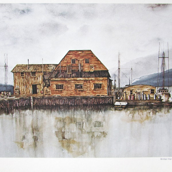 Old Fisherman’s Wharf Painting Art Print/ Bateaux de pêche abandonnés Prince Rupert ocean Book Plate Aquarelle par Woodall à cadre / 9 X 11 3/4 »