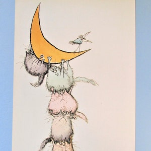 Cartoon Katten met de Moon Art Print door Ronald Searle / Funny Cat lover Illustratie, humor Wall Art Decor om in te lijsten / 8 X 11 "