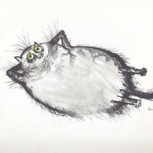 Cartoon Müde Katze Kunstdruck von Ronald Searle/ "Ausgelaugte Perserkatze" Lustige Katze Liebhaber Illustration, Humor, WandKunst Dekor zum Rahmen/ 9 X 9"