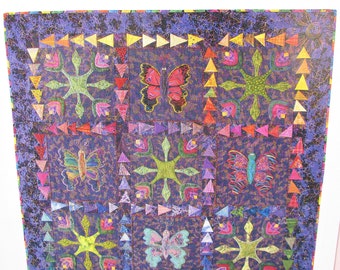 Folk Art Flowers & Butterflies Quilt Pattern/ Bright applique block pattern quilt for bedding, throw or wall hanging decor/ 82" X 82"