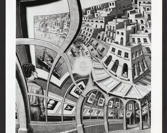 MC Escher Print Gallery & Dragon Art Print/ Modern Relativity, Optical Illusion Drawing, Architectural book plate to frame/ 12.25 X 12.5" H