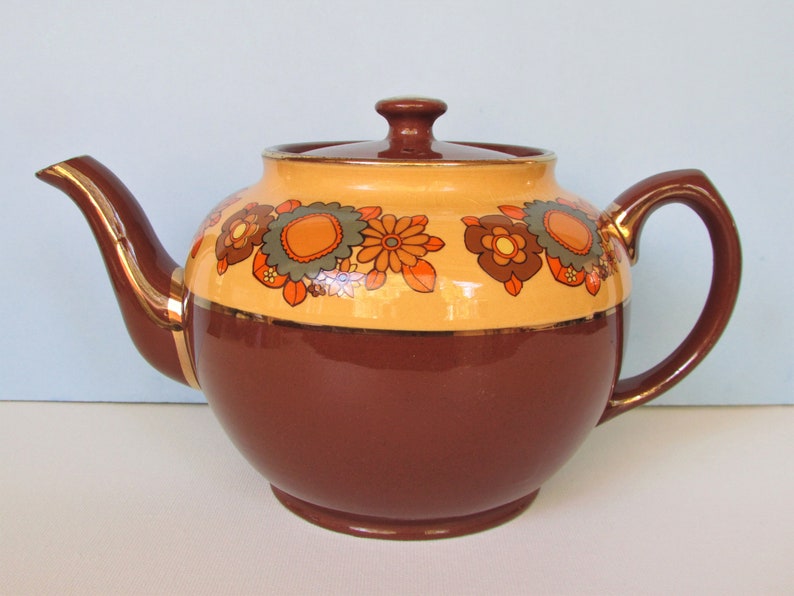 Sadler Brown Betty Teapot with Flowers/ 1960's Mid Century Etsy