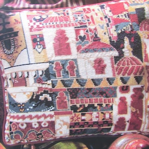 Indian Patchwork Collage Needlepoint Tapestry Pillow Pattern/ Traditional needlework tapestry pattern, picture of architecture