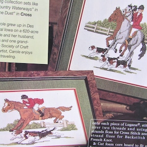 May include: Two framed cross-stitch embroidery designs featuring a horse and rider jumping a fence and a group of horses and riders with dogs. The text "Country Waterways" and "Feline Duet" is visible in the image.