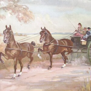 May include: A vintage illustration of a horse-drawn carriage with two brown horses pulling the carriage. The carriage is filled with people and is travelling down a dirt road. The horses are wearing harnesses and the carriage has a black top.