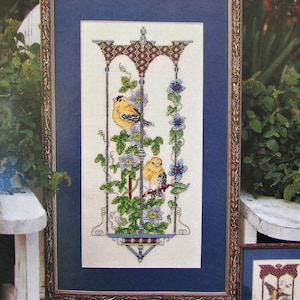 Goldfinches in Bird Cage Cross Stitch Sampler Pattern/ American Goldfinch, Asian Gilded Cage counted cross stitch chart picture