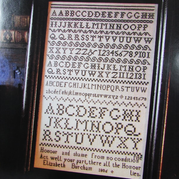 Antik Alphabet Kreuzstich Band Sampler Muster/ 1800er Mädchen Reproduktion gezählt KreuzstichKarte mit Spruch