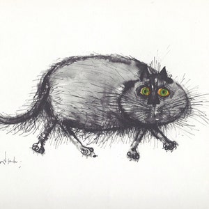 Cartoon Embarrassed Cat Art Print por Ronald Searle/ Divertido, tímido amante de los gatos Ilustración, humor, Decoración de arte de pared para enmarcar / 9 X 9 "