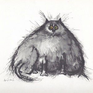 Cartoon Fat Cat Art Print von Ronald Searle/ "hatching an egg" Lustige Katze Liebhaber Illustration, Humor, WandKunst Dekor zum Rahmen/ 9 X 9"