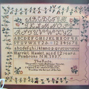 Antique Alphabet & Rose Cross Stitch Sampler Pattern/ 1800's girl’s reproduction counted cross stitch chart with saying and border