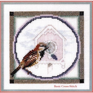Sparrow & Bird House Cross Stitch Pattern. Birdhouse with special stitch options counted cross stitch chart, picture