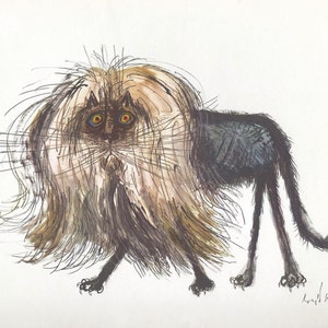Cartoon Glatze Katze Art Print von Ronald Searle / Lustige Löwe-Katzenliebhaber-Illustration, Humor, Wand-Kunst-Dekor zum Rahmen / 9 X 9"