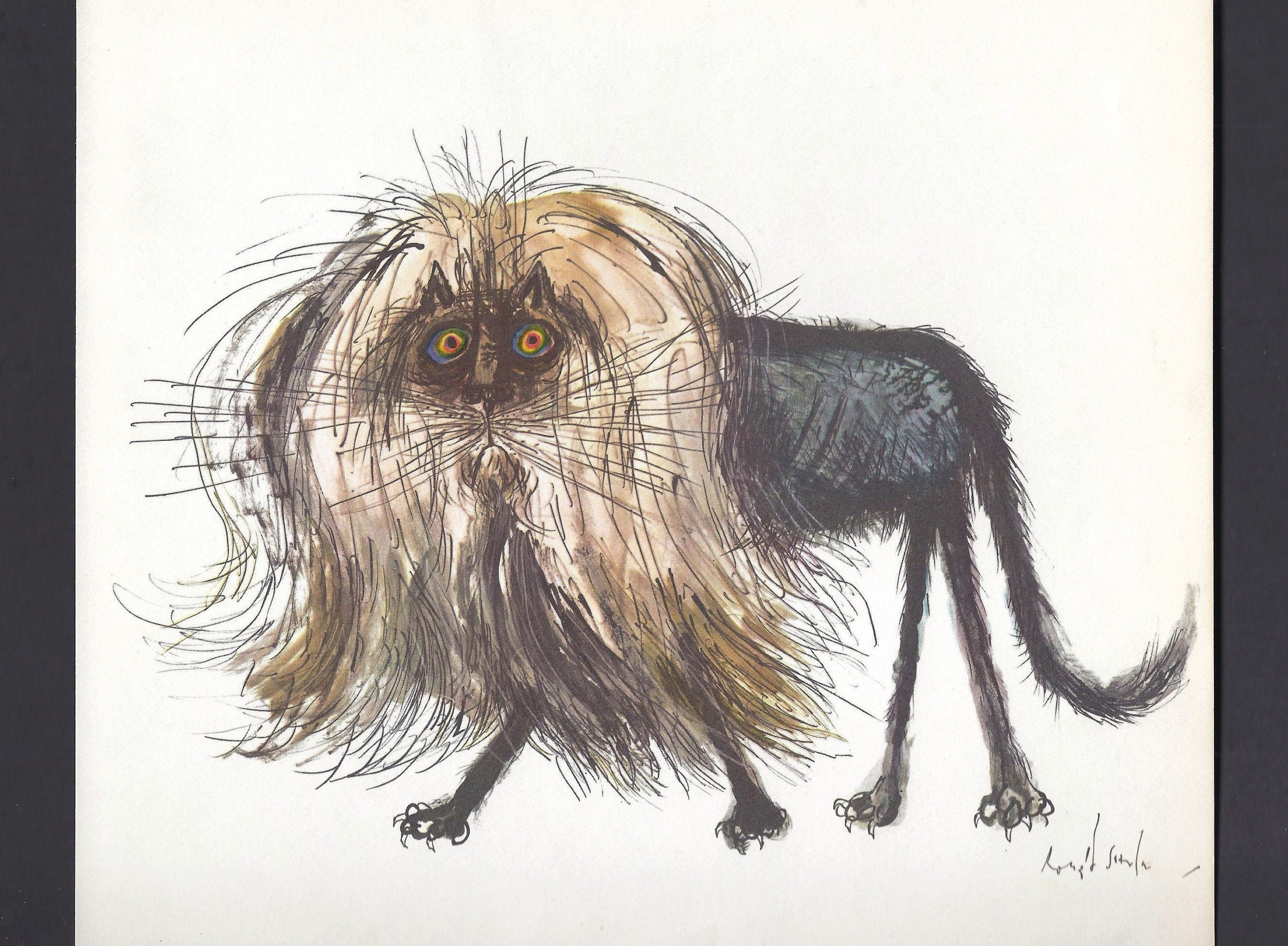 Cartoon Balding Cat Art Print by Ronald Searle/ Funny Lion Cat lover Illustration, humour, Wall Art Decor to frame/ 9 X 9"