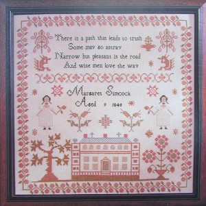 Girl&#39;s Antique Cross Stitch Sampler Pattern/ 1800&#39;s reproduction schoolhouse counted cross stitch chart, picture with tree flower & alphabet
