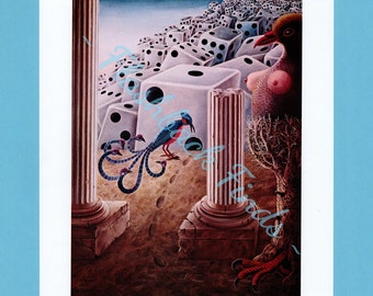 Surrealist Hybrid Animal & Gambling Art Print/ Fantasy Kinnara pigeon creature, Dice, Book Plate by Gervasio Gallardo to frame/ 8 1/4" X 11"