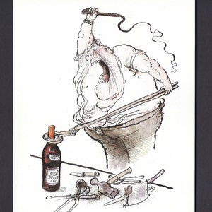 ロナルド・サールによる漫画の男性とワインボトルのアートプリント/面白いワインを飲む愛好家のイラストユーモア、額装用ウォールアート装飾/6.5 x 8.5インチ