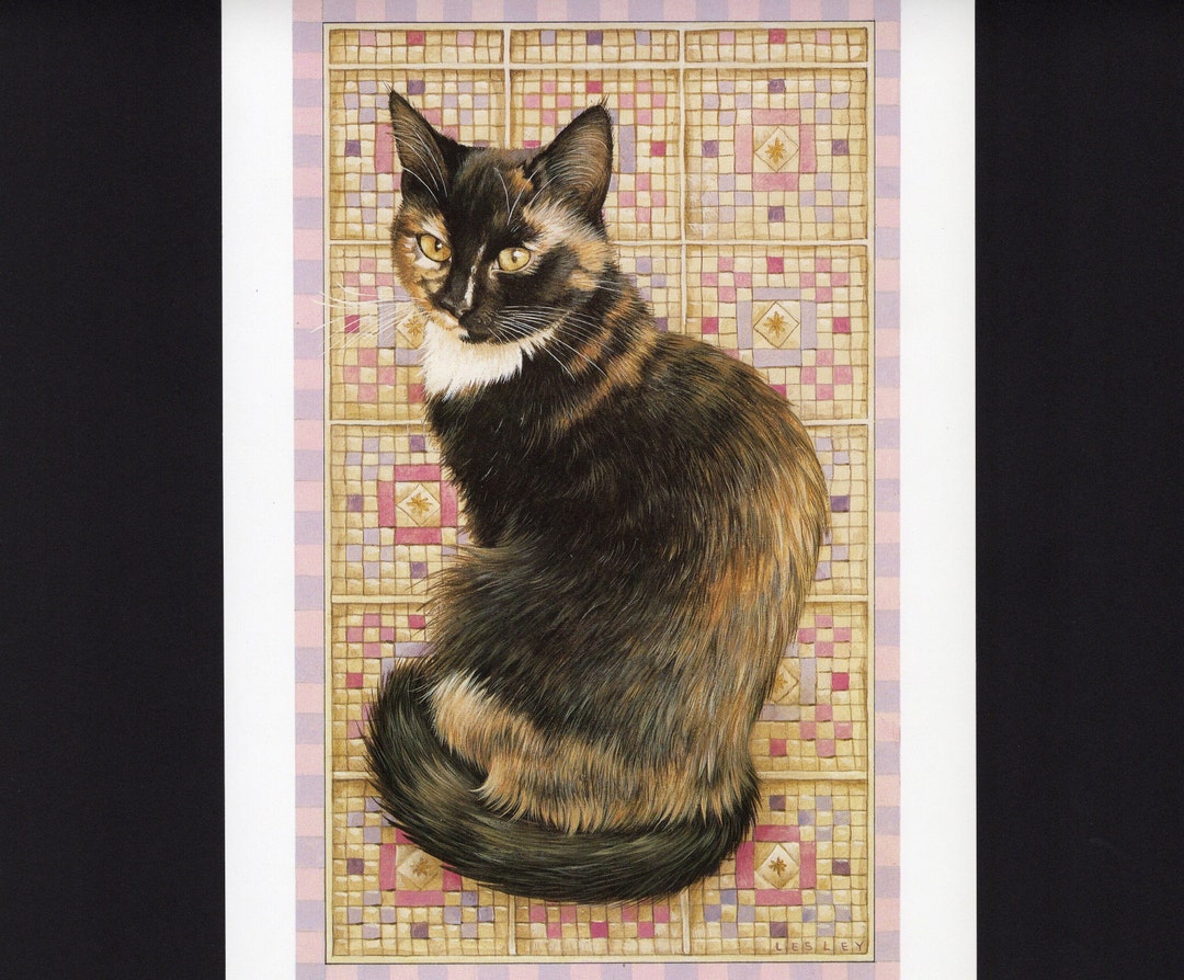 Tortoiseshell, Tortie Cat Art Print/ Motley on Patchwork for Cat Lover