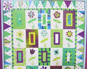 Bright, Fun Flowers Applique Quilt Pattern/ Pieced block pattern for girl's bedding or wall hanging decor/ 52 1/2" X 72 1/2"