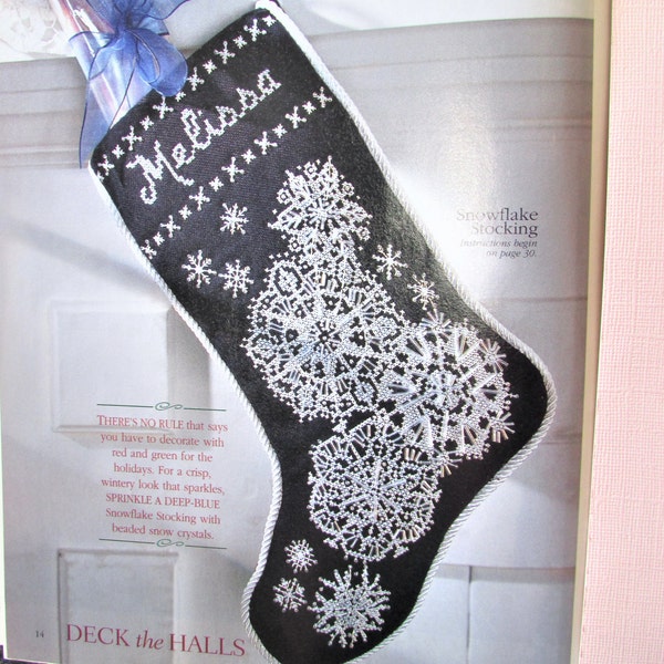 Blue & Silver Christmas Cross Stitch Stocking Pattern/ Glittering Beaded Snowflakes counted cross stitch chart