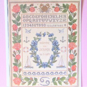 Cancer Zodiac Cross Stitch Sampler Pattern / L’astrologie du crabe, voiliers nautiques, tableau de point de croix compté, image avec alphabet