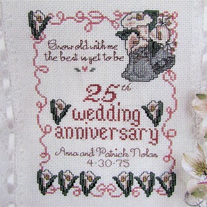 結婚 25 周年記念クロスステッチ サンプル パターン / 「私と一緒に年を重ねて、最高の時が来るのはまだ先」ユリとベルのクロスステッチ チャート