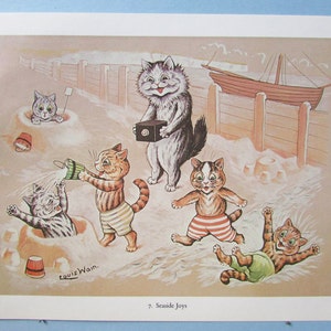 Cats on Beach Art Print par Louis Wain / Seaside Joy, Funny Cartoon Cat people, amant aquarelle, humour Wall Art Decor to frame / 7" X 9"