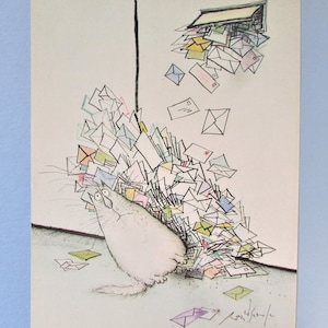 Cartoon Kat krijgt Mail Art Print door Ronald Searle / Trojan Bird, Funny Cat lover Illustratie, humor Wall Art Decor om in te lijsten / 8 X 11 "