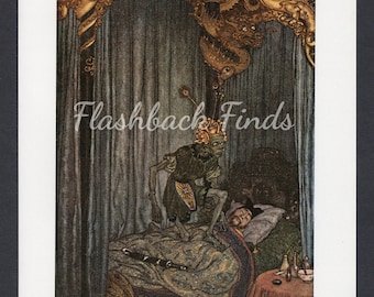 The Nightingale Horror Art Print by Edmund Dulac/ Children's Hans Christian Andersen Death visiting Fairy Tale Book Plate/ 8 1/2 X 11"