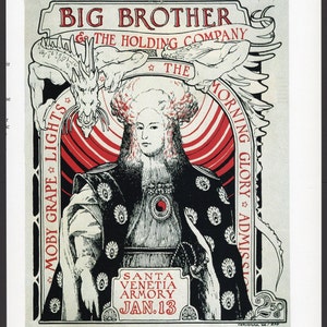 Big Brother & the Holding Company Cartel del concierto/ Moby Grape Santa Venitia Armory Rock Poster, Art Print from 1966 to frame/ 8 1/8 X 11 1/4"