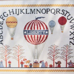 American Hot Air Balloon Cross Stitch Pattern/ Liberty, red, white & blue counted cross stitch chart picture with alphabet
