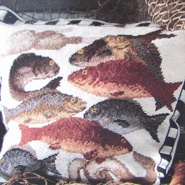 Roman Fish Needlepoint Tapestry Pillow Pattern/ Fisherman's needlework pattern of Helen Townley design