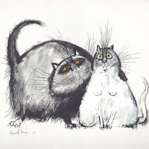 Cartoon Lecherous Cat Art Print von Ronald Searle/ "hatching an egg" Lustige Katzenliebhaber Illustration, Humor, WandKunst Dekor zum Rahmen/ 9 X 9"