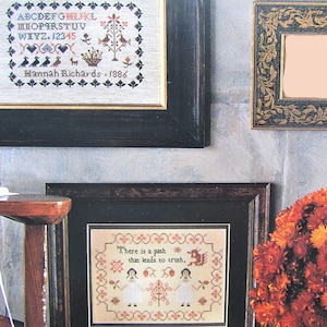 Girl&#39;s Antique Cross Stitch Sampler Pattern, 2/ 1800s reproduction counted cross stitch chart, picture with topiary bird & alphabet