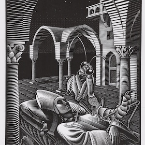 MC Escher Dream Art Print/ Modern Relativity, Optical Illusion Drawing, Architectural book plate, wall decor to frame/ 10 X 13 3/4